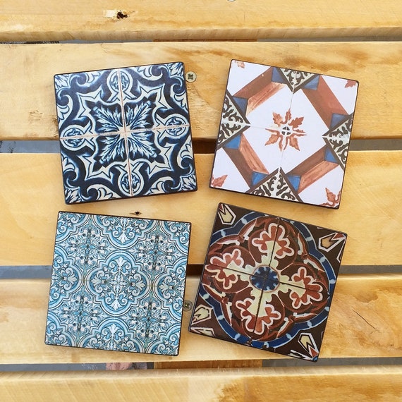 Moroccan Tile Wooden Coasters: Set of 4, Handcrafted in Greece
