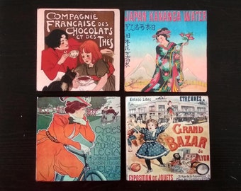 Wooden Coasters Vintage Posters Set Of 4 Pieces, Birthday Gift For Friend, Wood Coasters for Coffee, Belle Epoque