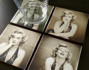 Wood Coasters Marilyn Monroe Set Of 4 Pcs, Birthday Gift For Friend, Vintage Coasters, Marilyn Monroe Print