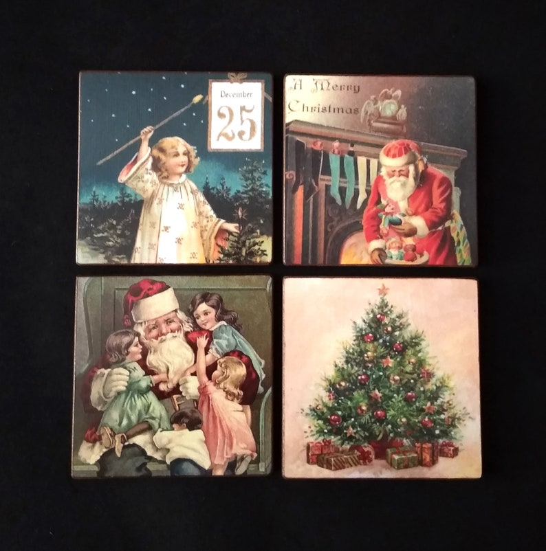 Christmas Coasters Made From Old Christmas Cards Set Of 4, Vinta Christmas Coasters Made From Old Christmas Cards Set Of 4, Vinta