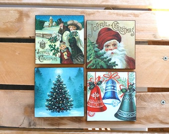 Wooden Coasters Made From Old Christmas Cards Set Of 4, Christmas Decoration, Vintage Xmas Stuffing, Secret Santa