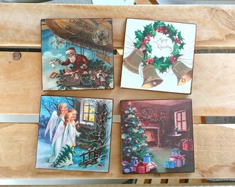 Christmas Coasters Made From Vintage Cards Set Of 4, Christmas Stuffing Gift, Vintage Christmas, Xmas Decoration