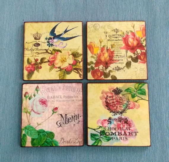 Floral Wooden Coasters Set of 4: Handcrafted Table Decoration, Birthday Gift