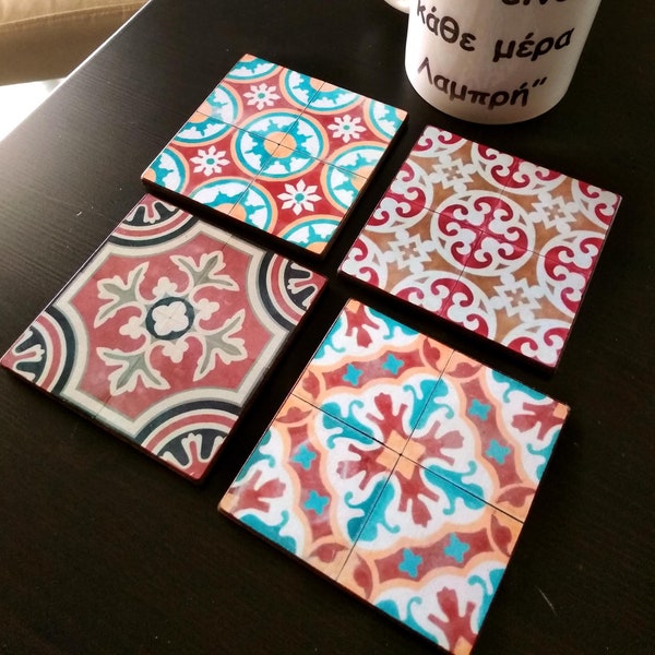 Posavasos de madera con estampado de azulejos, diseño portugués, juego de 4 piezas, regalo de cumpleaños para un amigo