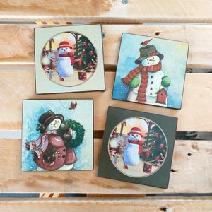 Conjunto de 4 porta-copos para bonecos de neve feitos de cartões de Natal vintage