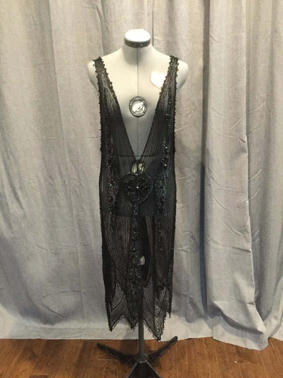 Black Beaded Deep V 20s Flapper Dress