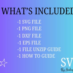Op de afbeelding: Digitale afbeelding met een blauw-paarse gradi&euml;nt achtergrond. De tekst "WHAT'S INCLUDED" staat bovenaan. Het bevat SVG-, PNG-, DXF-, EPS-bestanden, een unzip-gids en een handleiding. Het SVG-logo staat rechtsonder.