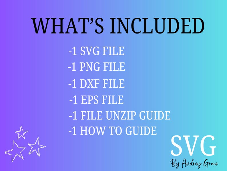 Op de afbeelding: Digitale afbeelding met een blauw-paarse gradi&euml;nt achtergrond. De tekst "WHAT'S INCLUDED" staat bovenaan. Het bevat SVG-, PNG-, DXF-, EPS-bestanden, een unzip-gids en een handleiding. Het SVG-logo staat rechtsonder.