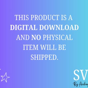 Op de afbeelding: Een digitale download aankondiging op een paarse en blauwe gradi&euml;nt achtergrond. De witte tekst luidt: "DIT PRODUCT IS EEN DIGITALE DOWNLOAD EN ER WORDEN GEEN FYSIEKE ARTIKELEN VERZONDEN." De afbeelding bevat stercontouren en de tekst "SVG By Audrey Grace."