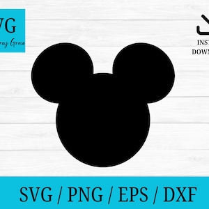 May include: A black silhouette of a cartoon character's head with large round ears. The image includes the text "SVG By Audrey Grace" in a teal square, and "Instant Download" with a download icon. The bottom of the image has the text "SVG / PNG / EPS / DXF".