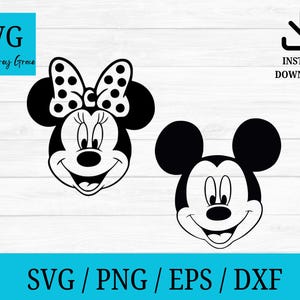 Może przedstawiać: Czarno-biały projekt SVG przedstawiający twarze Myszki Minnie i Myszki Miki. Myszka Minnie ma kokardę w kropki. Obraz zawiera tekst "SVG By Audrey Grace" i "Natychmiastowe pobieranie". Na dole obrazu znajduje się napis "SVG / PNG / EPS / DXF".