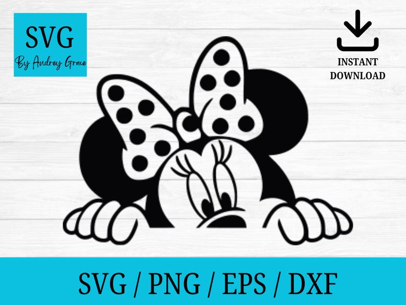 Op de afbeelding: Zwart-wit Minnie Mouse SVG-ontwerp. Het ontwerp toont Minnie Mouses gezicht, strik en handen. De afbeelding bevat de tekst "SVG By Audrey Grace" en "Direct downloaden". De onderkant van de afbeelding bevat de tekst "SVG / PNG / EPS / DXF".