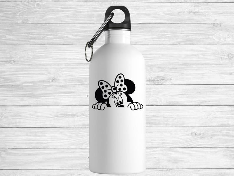 Op de afbeelding: Witte waterfles met een zwarte dop en karabijnhaak. De fles heeft een zwart-witte Minnie Mouse afbeelding. Het ontwerp omvat Minnie's hoofd, strik en handen.