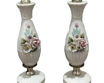 VTG Pair of White Porcelain Table Lamps Capodimonte Style Pink Rose Flowers Gold