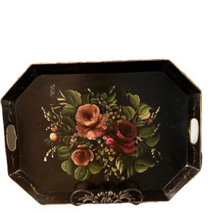 Lg Antique Toleware Tole Tray w/ Handles 24X18 Hand Painted Floral Read History!