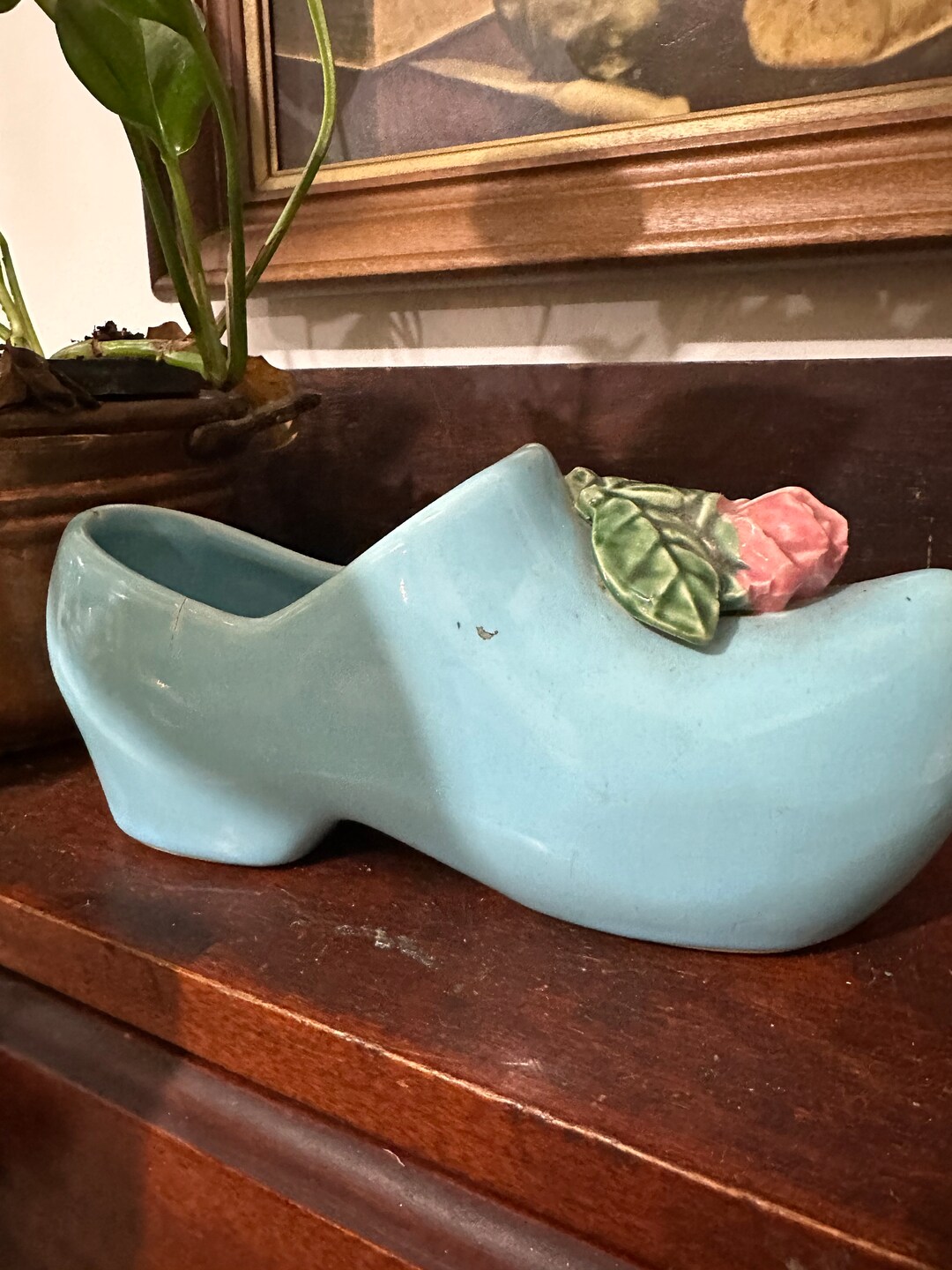 Vintage MCM Mccoy Pottery Dutch Shoe Planter Blue W/ Pink Rose 7.5 Long