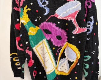 Vintage 1990s Hand Knitted  New Year's Eve Novelty Sweater By Signatures by Northern Isles