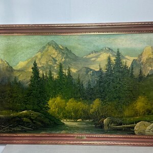 ロバート・ウッド　作　　　油絵 ロバートウッド 山と小川 風景画 絵画 油彩 油絵 インテリア