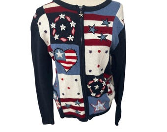 vintage patriotique 4 juillet pull zippé cardigan pull drapeau étoiles