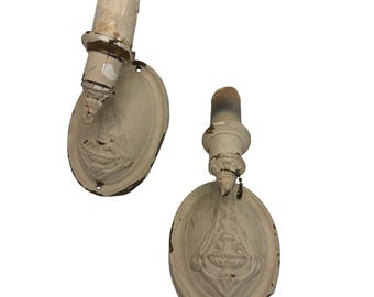 Vintage Distressed White Wall Sconce Cast Metal Chippy Backplate Candle Style