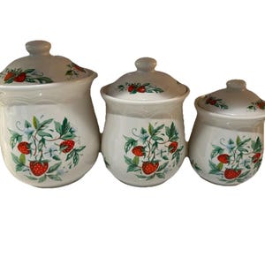 Vintage Set Of 3 Strawberry Canister Set Vining Strawberries Florals Lidded