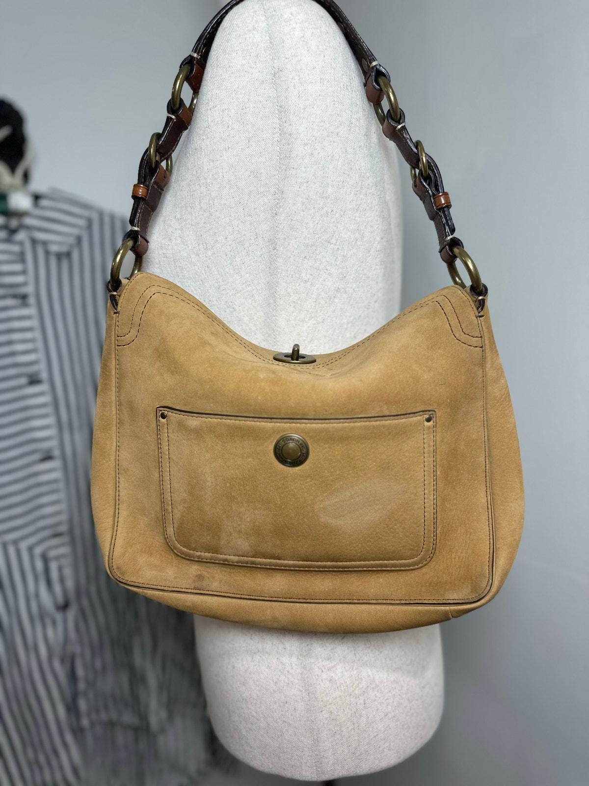 Coach Vintage Turn Lock Beige Suede Shoulder Bag W/leather Trim 