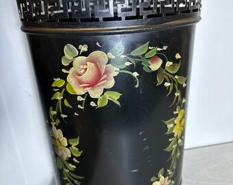 Vintage Plymouth Tole Trash Can Waste Basket Hand Painted Floral on Black Signed