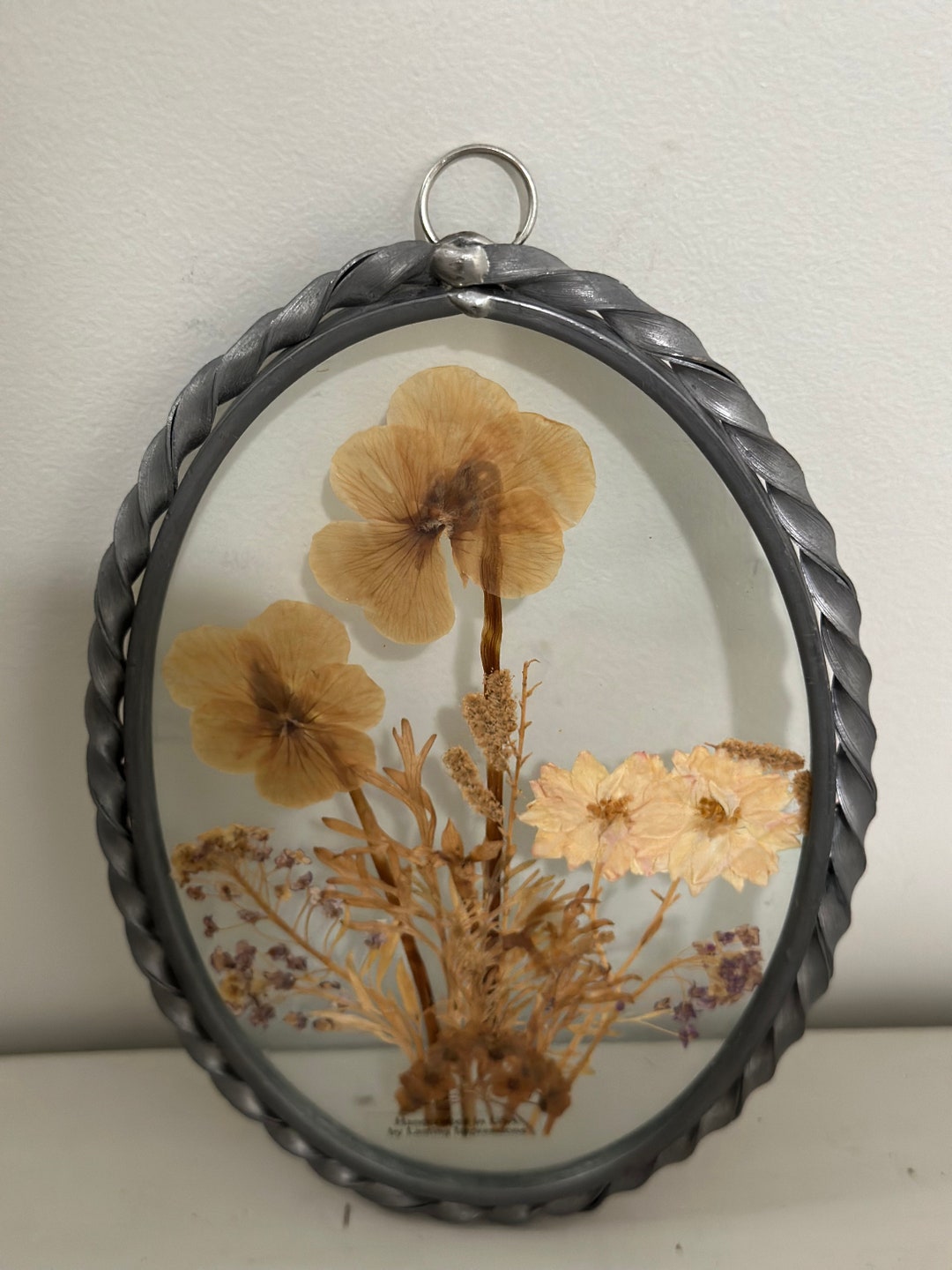 Vintage Pressed Dried Pale Flowers Under Glass Small Oval Wall Hanging
