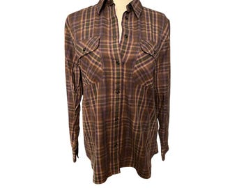 Vintage Ralph Lauren Jeans Co Brown Purple Flannel Button Front Shirt Size Large