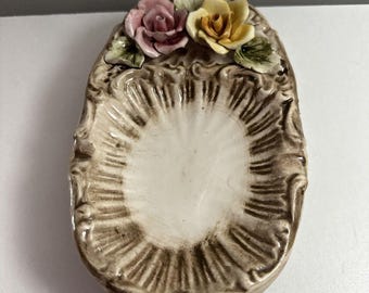 Capodimonte Italy Porcelain Floral Candy Dish Trinket Plate Ash Tray Vintage