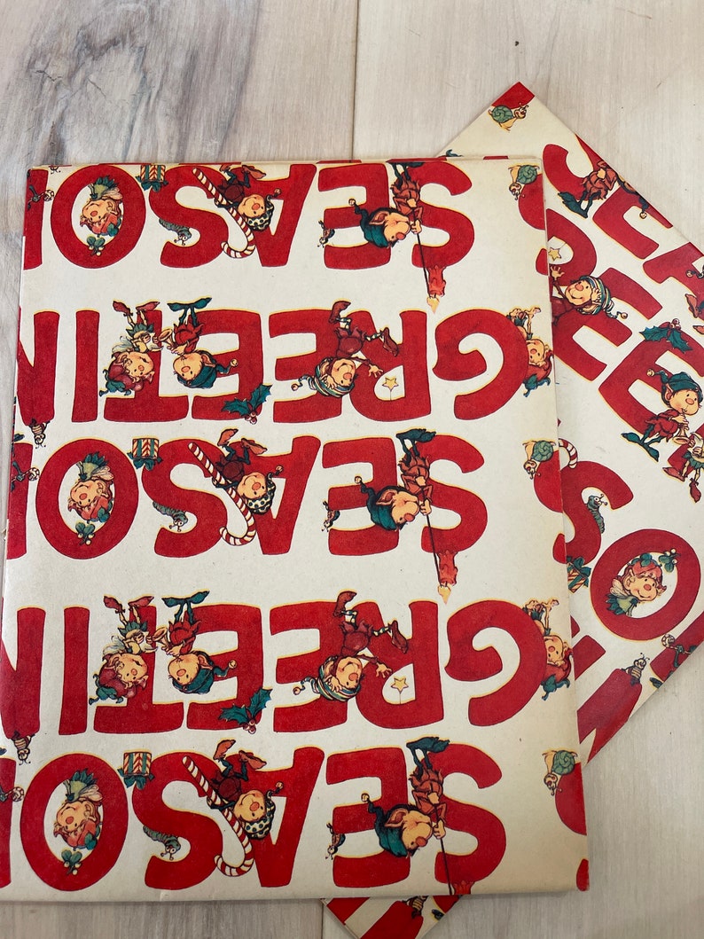 Vintage Christmas Elf Wrapping Paper Seasons Greetings Elves Candy