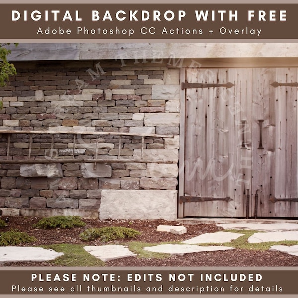 Vintage Stone Barn With Rustic Wood Door - Digital Background - Rustic Barn Wedding - Old Fashioned Farm - Digital Download - Photo Backdrop