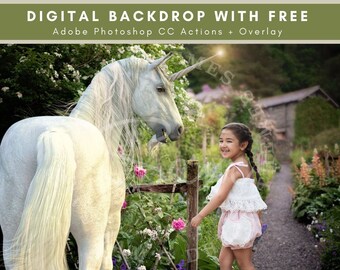 Unicorn on a Rustic Garden Path Digital Backdrop