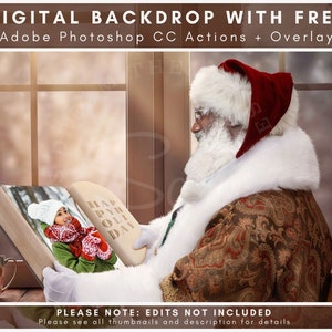 Black Santa Holding A Book At A Window, Digital Background, Christmas Backdrop, Santa Picture Frame, Digital Snow Overlay, Digital Download