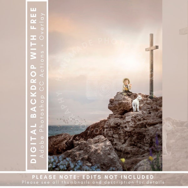 Lamb And Cross On Ocean Rocks, Religious Easter, Christian Backdrop, Easter Composite, Handmade Photography, Sams Dream Themes