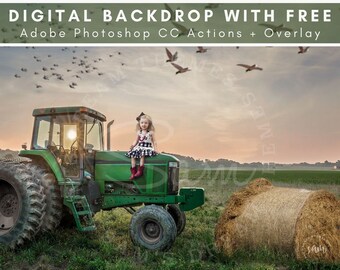 Farm Tractor With Hay Bale - Digital Background - Farmer Corn Field - Digital Download - Photo Backdrop - Tractor Backdrop