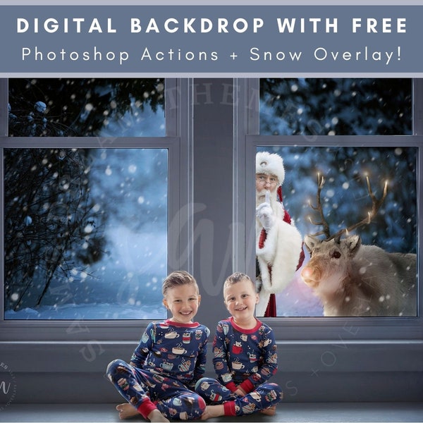 Secret Santa With Rudolph At The Window, Digital Background, Christmas Window, Digital Santa Photo, Christmas Backdrop, Digital Snow Overlay