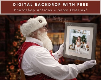 Santa Sitting With A Family Portrait, Digital Background, Christmas Backdrop, Santa Picture Frame, Digital Snow Overlay, Digital Download