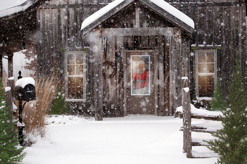 Snowy Vintage Christmas Cabin Digital Backdrop Santa S Etsy