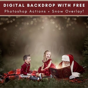 Puede incluir: Un telón de fondo digital que presenta una escena de bosque nevado con una manta roja a cuadros, dos niños y Papá Noel leyendo un libro. El telón de fondo es ideal para crear fotos festivas de vacaciones.