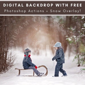 May include: Two children playing in a snowy forest. One child is sitting on a wooden sled, while the other child pulls the sled with a rope. The forest is covered in snow and there are trees in the background.