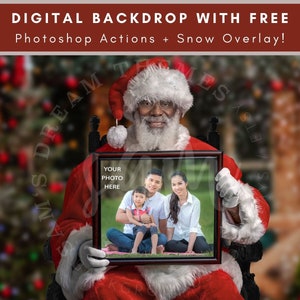 Black Santa Holding A Frame, Digital Background, Christmas Backdrop, Santa Picture Frame, Digital Snow Overlay, Digital Download