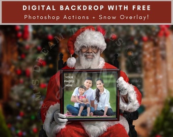 Black Santa Holding A Frame, Digital Background, Christmas Backdrop, Santa Picture Frame, Digital Snow Overlay, Digital Download