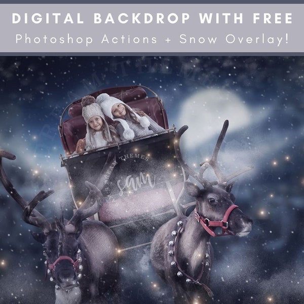 Santa's Slee op kerstavond, digitale achtergrond, kerstachtergrond, digitale sneeuwoverlay, kerstachtergrond, digitale download
