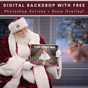 Santa Holding A Frame Near A Window, Digital Background, Christmas Backdrop, Santa Picture Frame, Digital Snow Overlay, Digital Download
