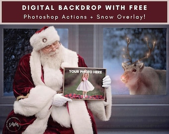 Santa Holding A Frame Near A Window, Digital Background, Christmas Backdrop, Santa Picture Frame, Digital Snow Overlay, Digital Download