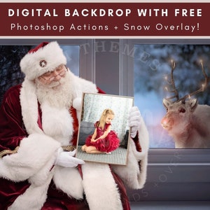 Rudolph Sees Santa Holding A Frame, Digital Background, Christmas Backdrop, Santa Picture Frame, Digital Snow Overlay, Santa Composite
