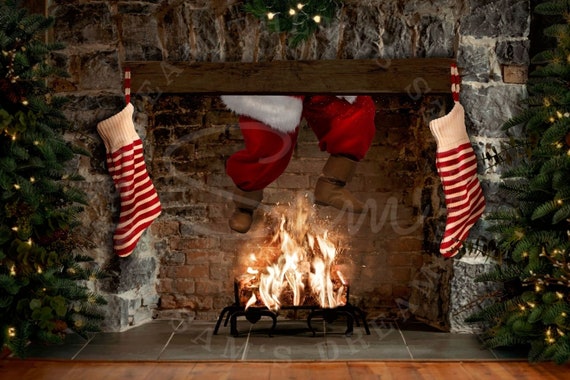 Santa Down the Chimney Christmas Backdrop Christmas Fireplace Santa Coming to Town Christmas Gifts Christmas Morning Santa Composite Etsy
