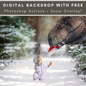 T-Rex Gifting His Santa Hat - Dinosaurier Kulisse - Weihnachtskulisse - Digitale Schnee-Overlay - Dinosaurier Hintergrund - Fotografie Kulisse
