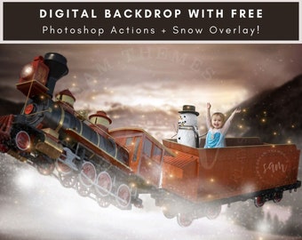 Flying Christmas Train to the North Pole Digital Christmas Backdrop
